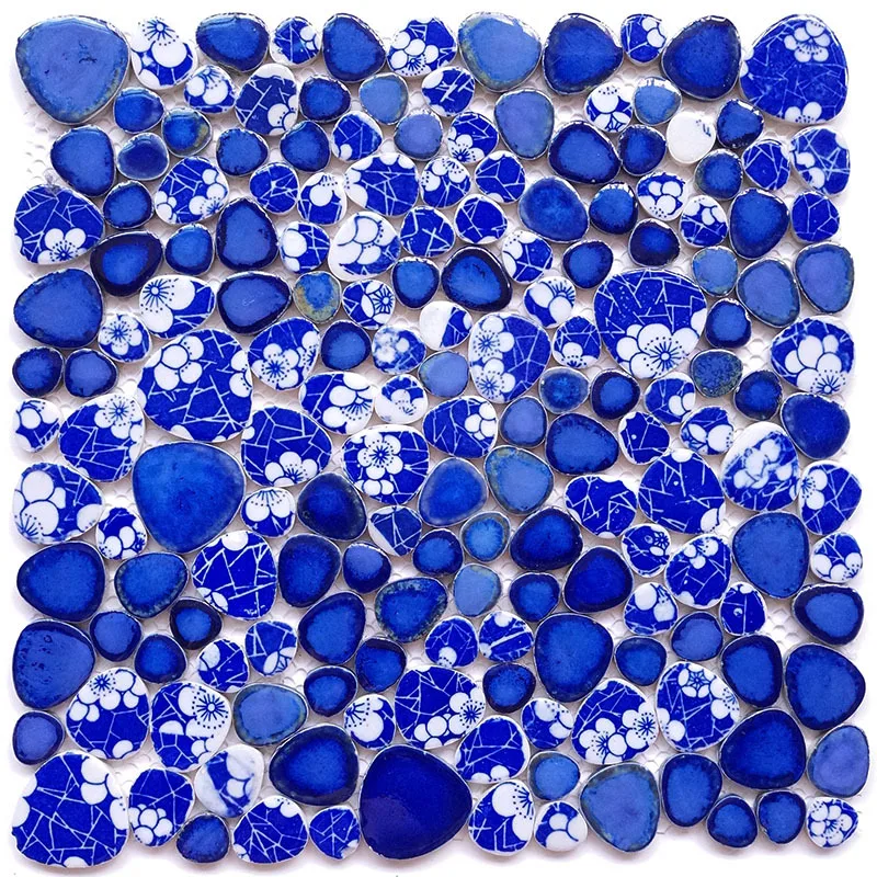 11PCS Blue White Flower Porcelain Glazed Ceramic Mosaic Tiles, Bathroom Shower kitchen backsplash swimming pool Wall Floor tiles