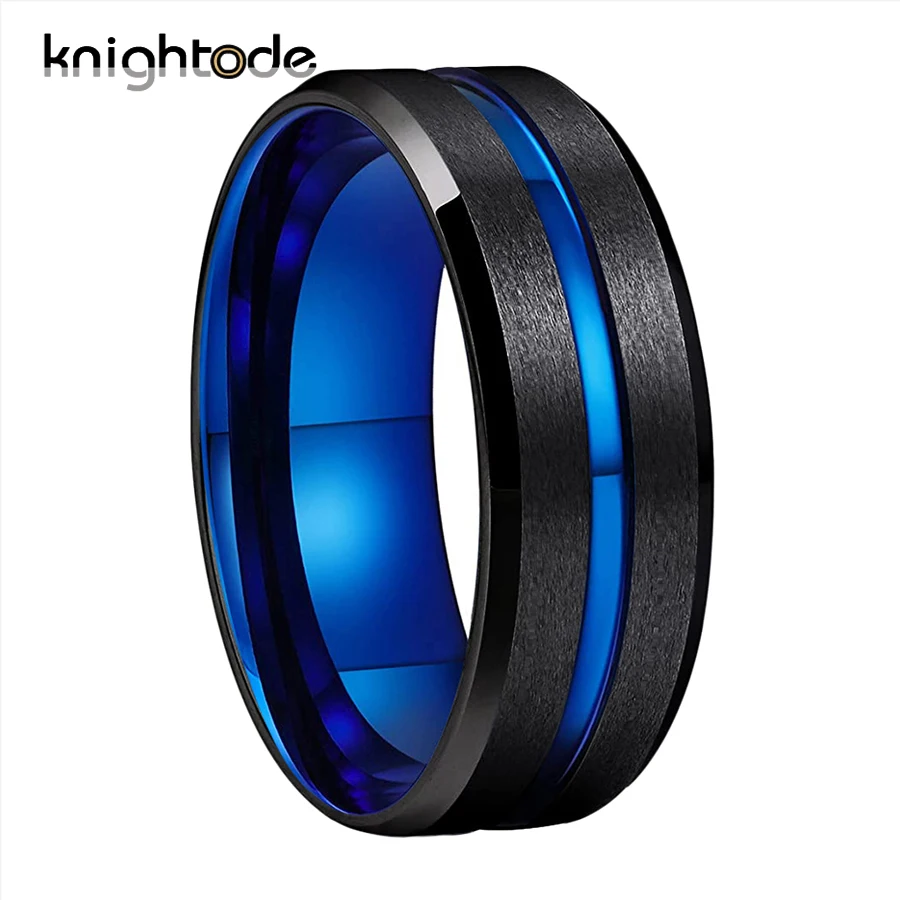 8mm Blue Wedding Ring Men Women Black Tungsten Carbide Engagement Rings Satin Grooved Beveled Comfort Fit