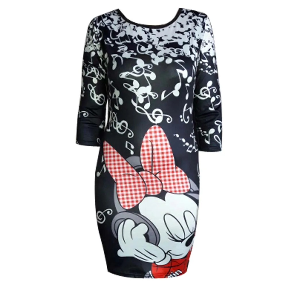 Disney Sexy Minnie topolino stampa Cartoon aderente Slim tubino tubino elegante moda donna Mini abito abiti ropa mujer