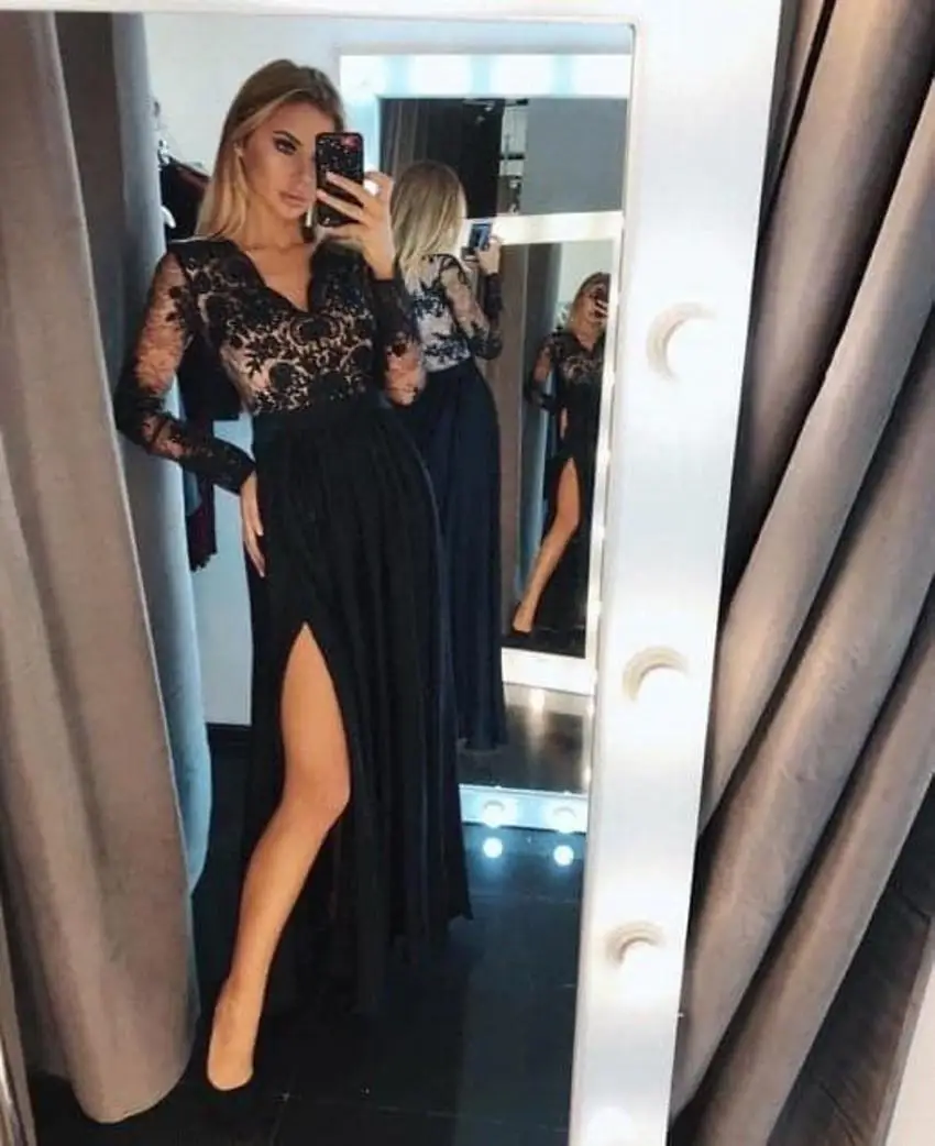 Vintage Black Long Sleeve Evening Dresses Sheer Appliques V Neck Split Evening Prom Gowns Women Ball Gown Vestidos De Noche New