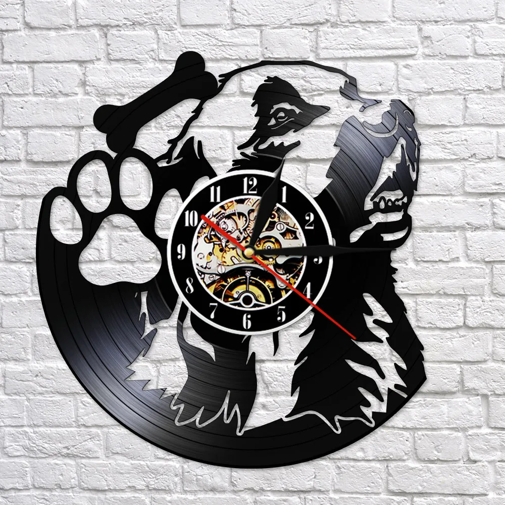 Dog Paw Dog Bone Wall Clock Made Of Real Vinyl Record Puppy Pet Shop No Ticking Hanging Decor Modern Living Bedroom Lamp Watch