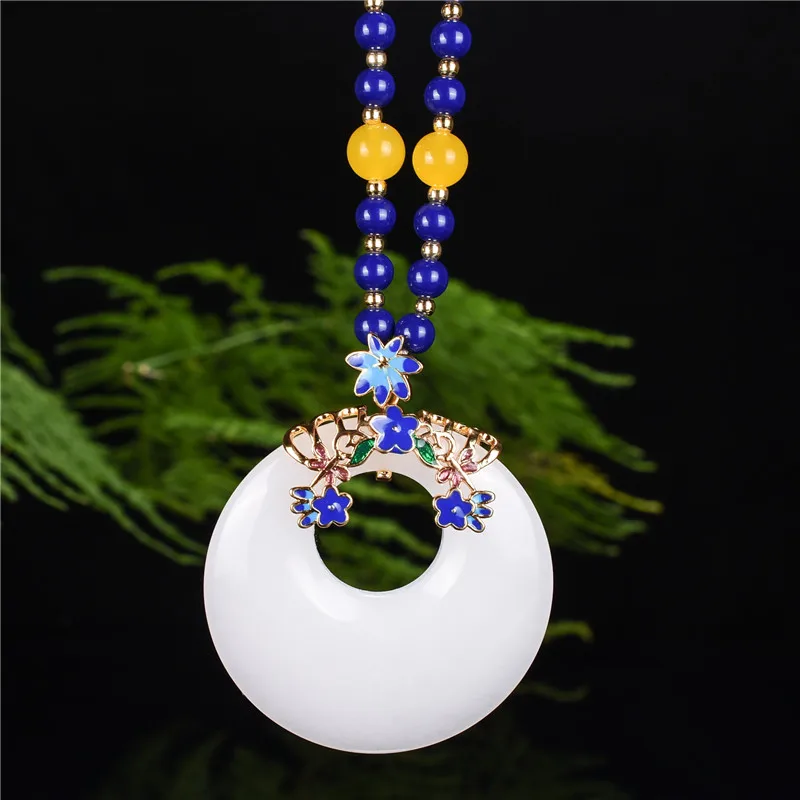 

925silver xinjiang Hetian jade Cloisonne Peace Necklace Pendant Long style retro pendant