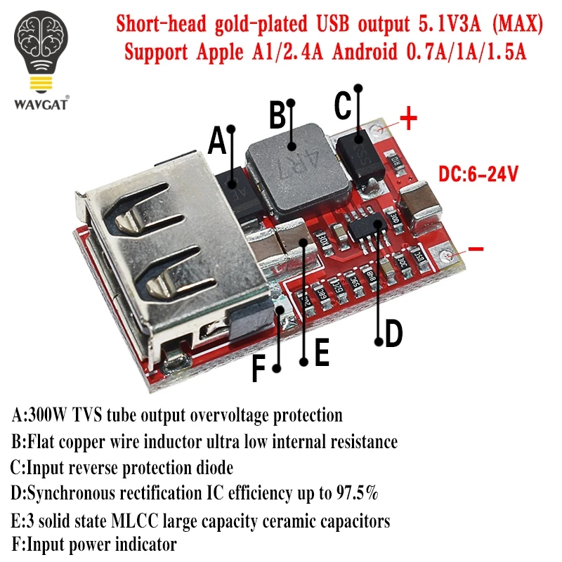 6-24V 24V 12V to 5V USB Step Down Module DC-DC Converter Phone Charger Car Power Supply Module Efficiency 97.5% Buck Module