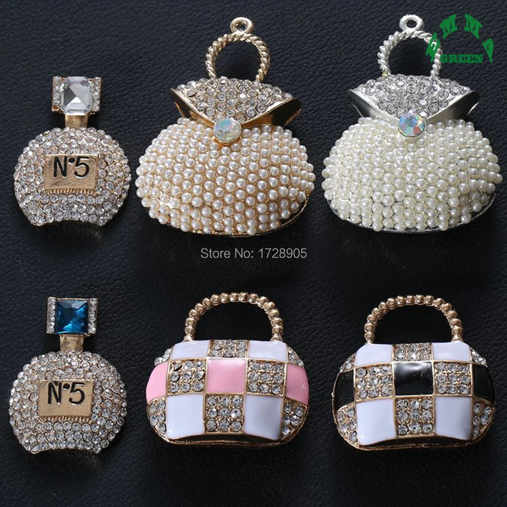 Perfume Bottle Rhinestone Charm Pendant Pearls Handbag 2pcs shiny Crystal Applique for bridal embellishments