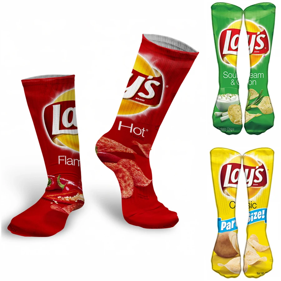 40CM 3D double-sided printing Cotton Food Potato Chips Harajuku Funny Socks Men Women Art Design Printed Novelty Kawaii Socks