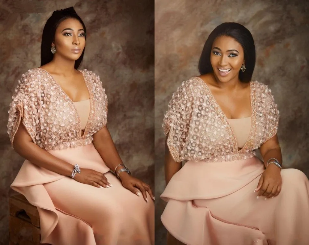 Champagne Abiye Long Mermaid African Evening Dress with Sleeves Peplum Ruffles Plus Size Women Formal Prom Dresses 2019 Elegant