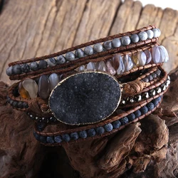 RH Fashion Boho Jewelry Beaded Bracelet Big Druzy Stone Charm 5 Strands Wrap Bracelets