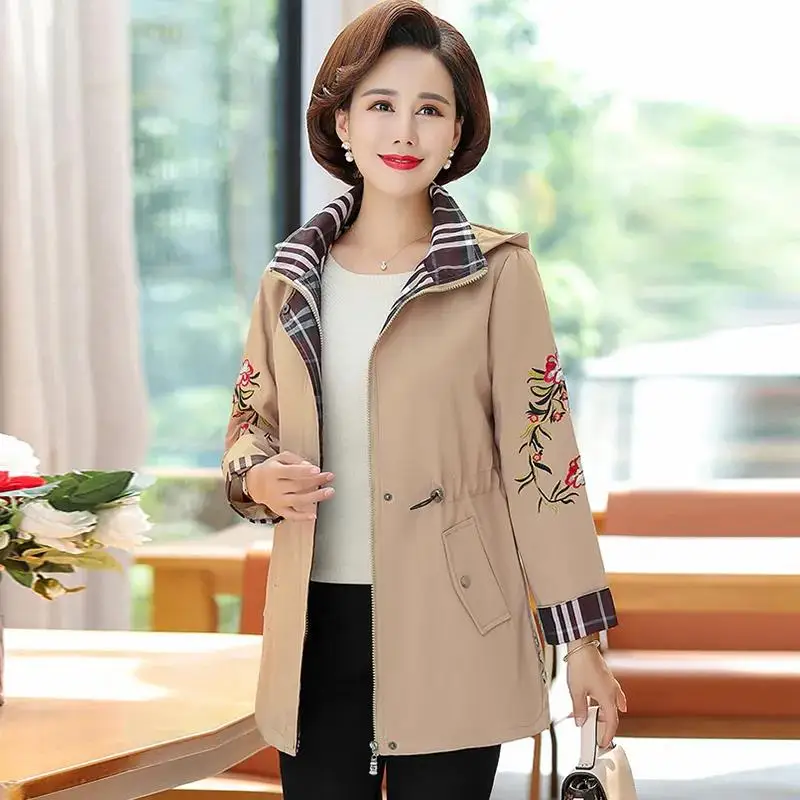 Windbreaker Women Mid-Length Embroidery Jacket 2022 New Loose 5XL Spring Autumn Coat Female Fashion Khaki Hooded Jackets