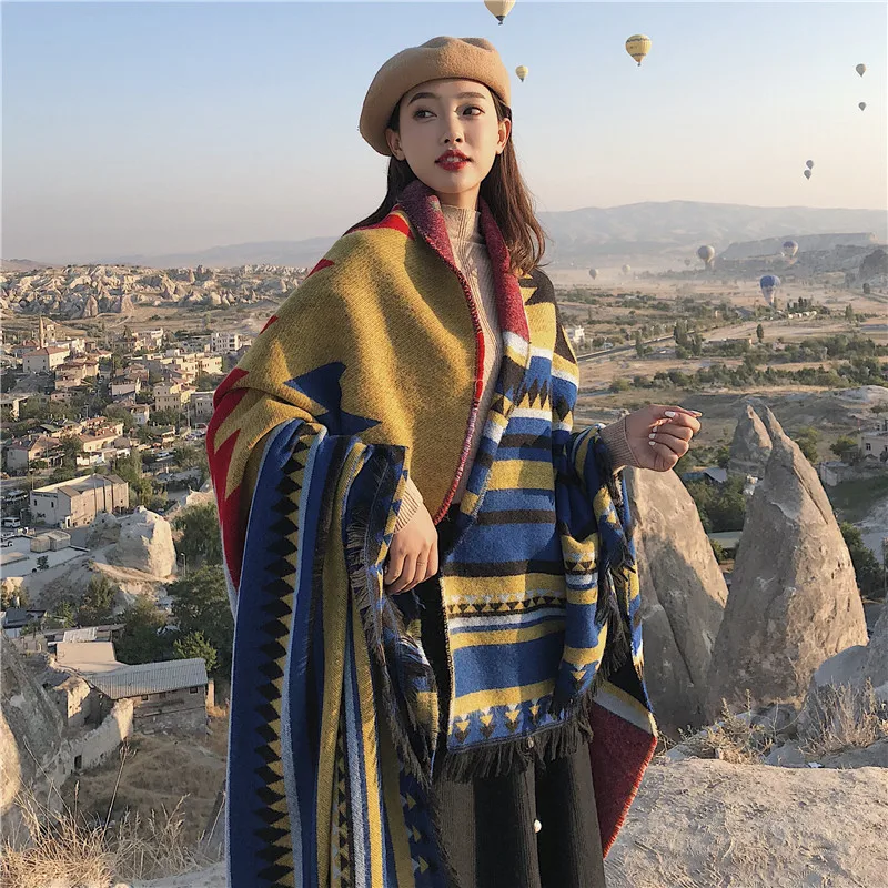 Ethnic Bohemian Geometric Shape Imitation Cashmere Split Shawl Cloak Infinity Scarf Designer Scarf Women Luxury 2021