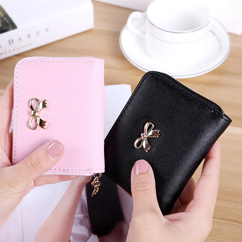 Women Fashion Small Wallets PU Leather Ladies Mini Coin Purse Zipper Card Bag Holder Cute Money Clip Female Bowknot Clutch