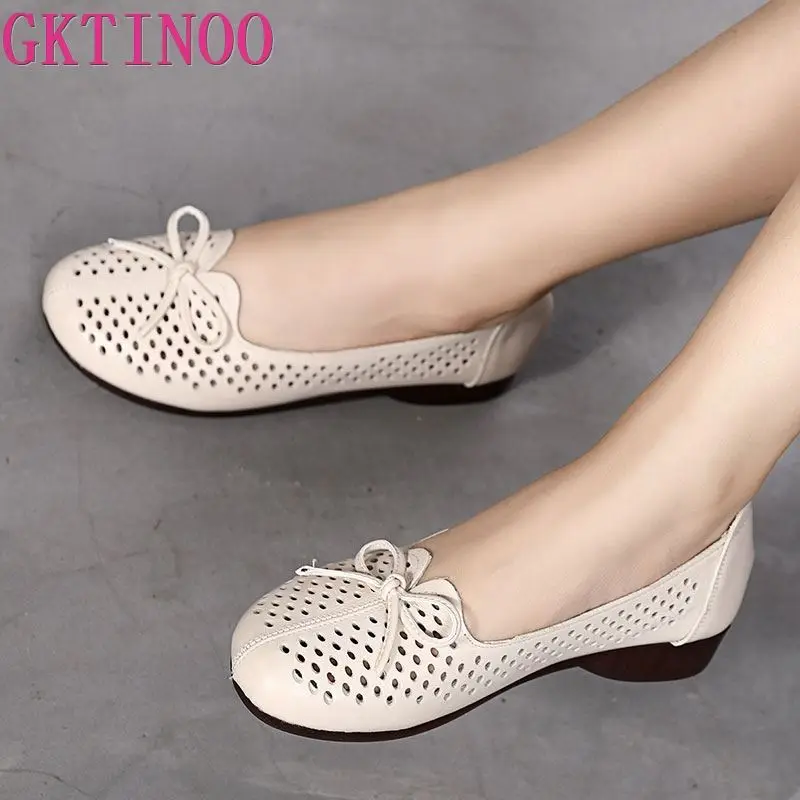 GKTINOO Breathable Genuine Leather Summer Shoes Woman 2024 Flat Low Heel Bowknot Hollow Out Leather Slip On Shoes For Women Soft