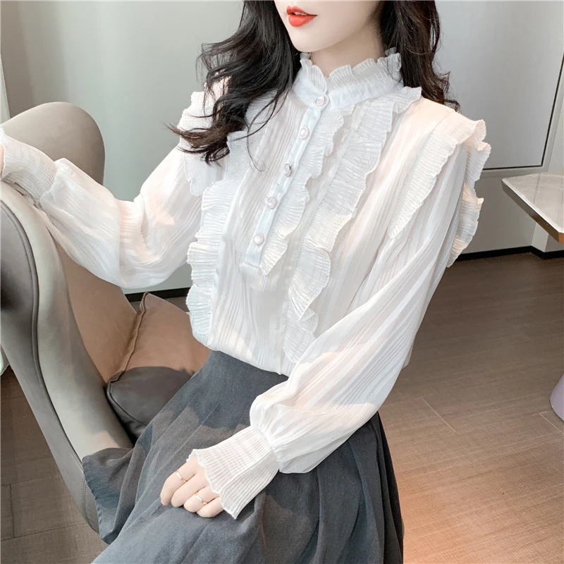 Trumpet Flare Long Sleeves Shirts Women White Blouse Medieval Victorian Royal Court Palace Tops Large Size Flounce Frill Camisa