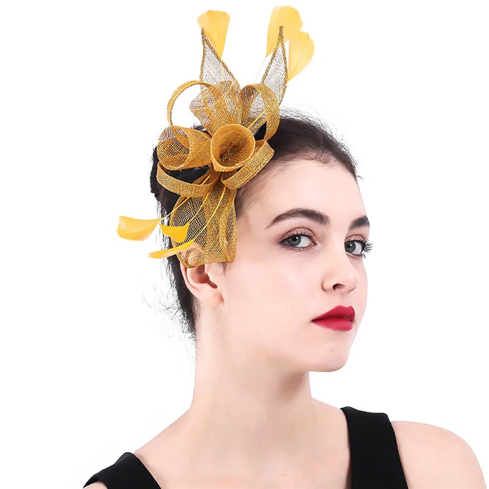 

Elegant Women Gold Mariage Hair Fascinators Hat Chic Floral Headdress Nice Comb Ladies Female Fancy Feather Wedding Headwear