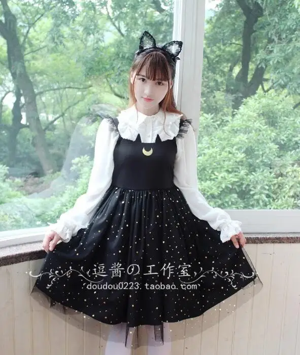 Süße prinzessin lolita kleid nette mond katze druck vintage spitze mesh viktorianischen kleid kawaii mädchen gothic lolita jsk loli cos