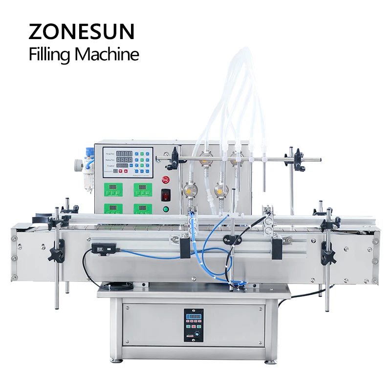 ZONESUN 4 رئيس منضدية التلقائي العطور زيت طبيعي زجاجة سوائل حشو المغناطيسي مضخة المياه ماكينة تعبئة العصير