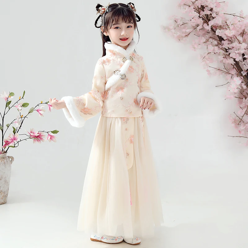 

Chinese Traditional Ancient Embroidery New Year Dresses Girls Han Fu Chinese Flower Girl Dress Dramaturgic Robe Dress