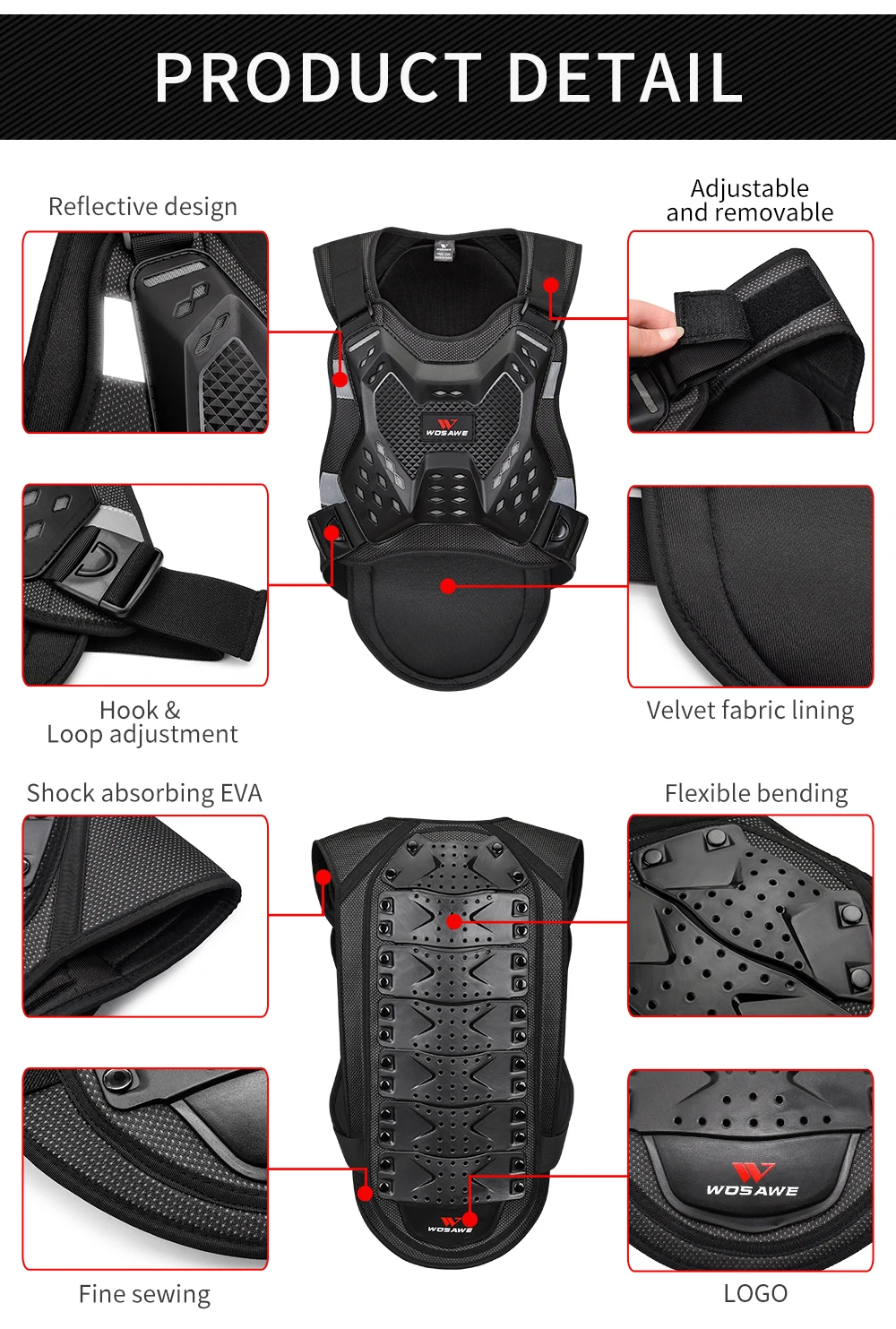 WOSAWE Adult's Motorcycle Armor Back Protector Spine Chest Protection MTB Motocross Racing Body Protective Vest Motorbike Jacket