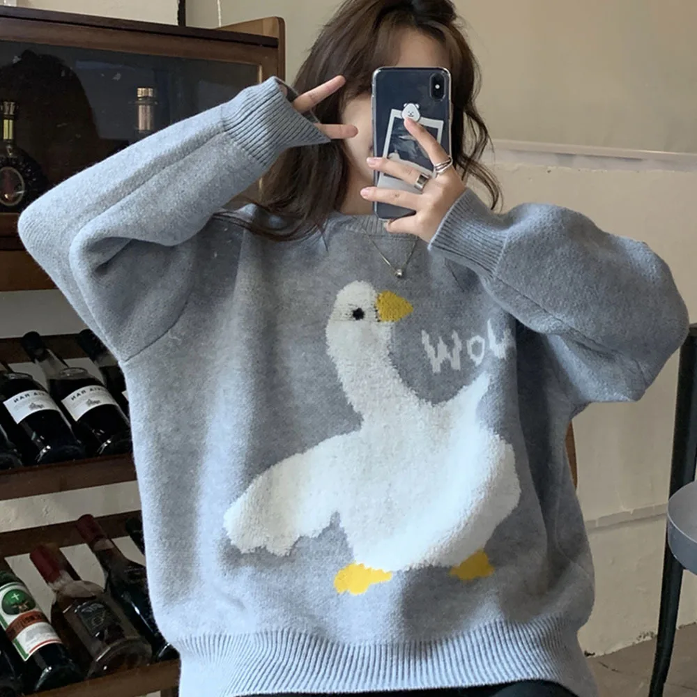 Korean Style Casual Round Neck Pullover Oversize 2XL Japanese Women Sweet Lovely Winter Cartoon Goose Printed Knitted Sweater