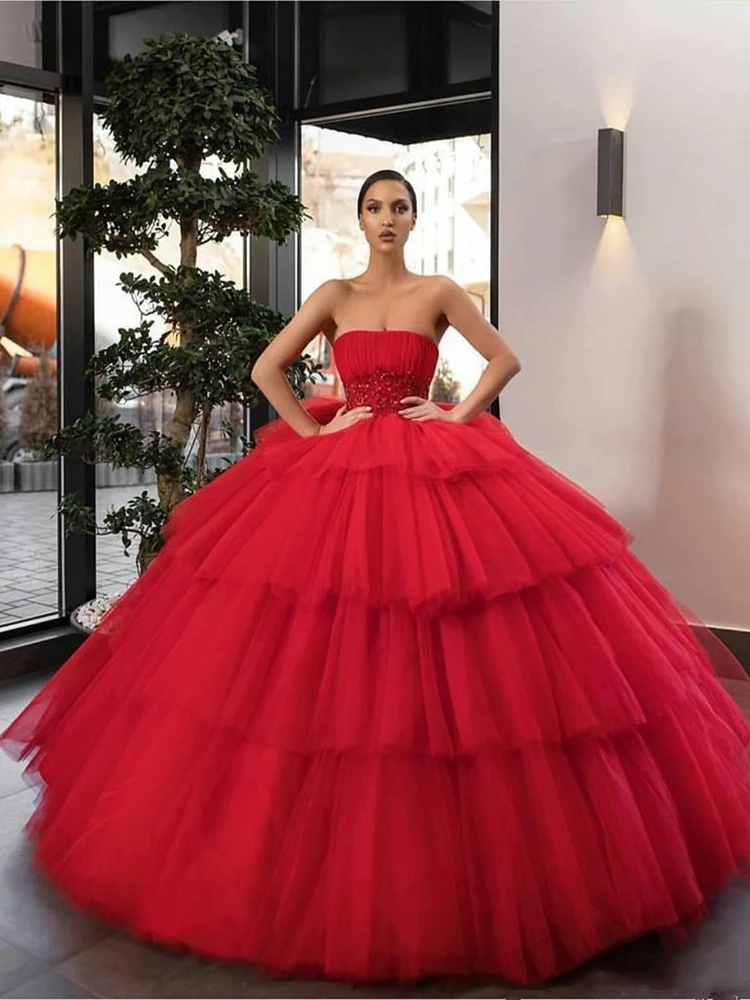 Strapless Tule Tiered Baljurk Quinceanera Jurken Geplooide 2021 Sexy Aangepaste Lange Prom Party Avondjurken