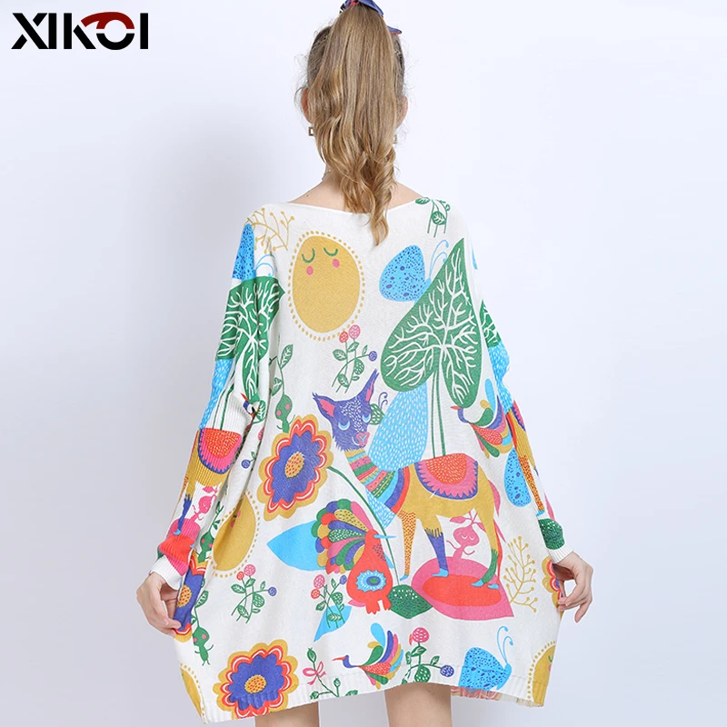 XIKOI Winter Wool Oversized Sweater For Women Warm Long Pullover Dresses Cartoon Print Jumper Casual Knitted Sweaters Pull Femme