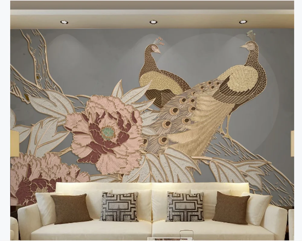 Custom 3D photo wallpaper mural national tide new Chinese style peacock peony light luxury gold strip background wall