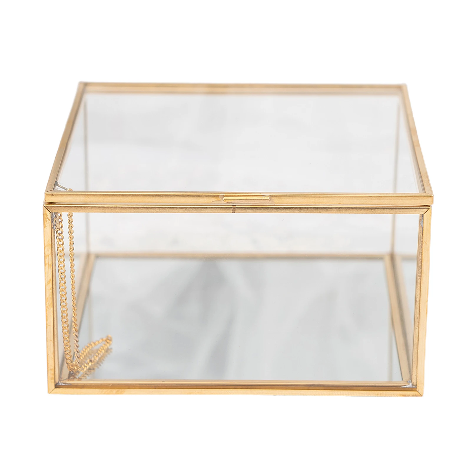 Golden Square Vintage Brass & Clear Glass Decorative Box Home Decor, Small Jewelry Case Box Organizer with Latching Lid 5x5x3\