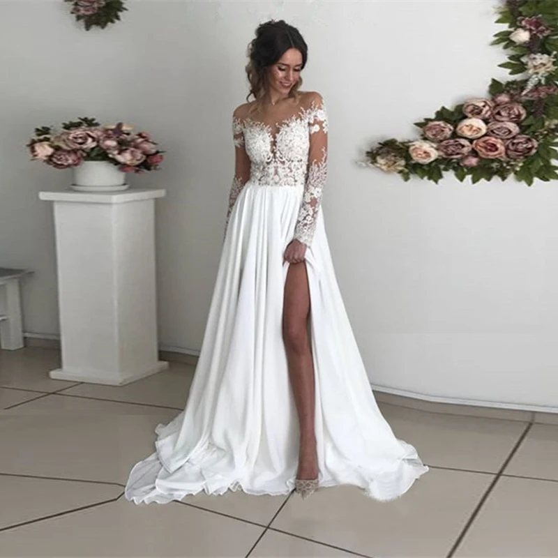 

Long Sleeves Boho Wedding Dresses Sheer Neck Appliques Chiffon Side Slit Bridal Sexy Beach Bohemian Gowns