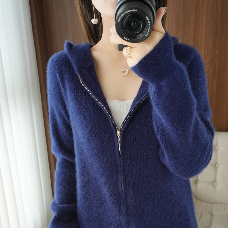 2021 Spring Autumn New Womens 100% Cashmere And Wool Cardigan Fashion Colors Female Knitted Hooded Large Size Soft Knitte Class
