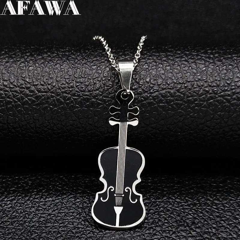 Violine Edelstahl Halskette Damen/Herren Kleine Musik-Halskette mit schwarzer Emaille-Kette Schmuck moda mujer N1887S01 – Detail 8