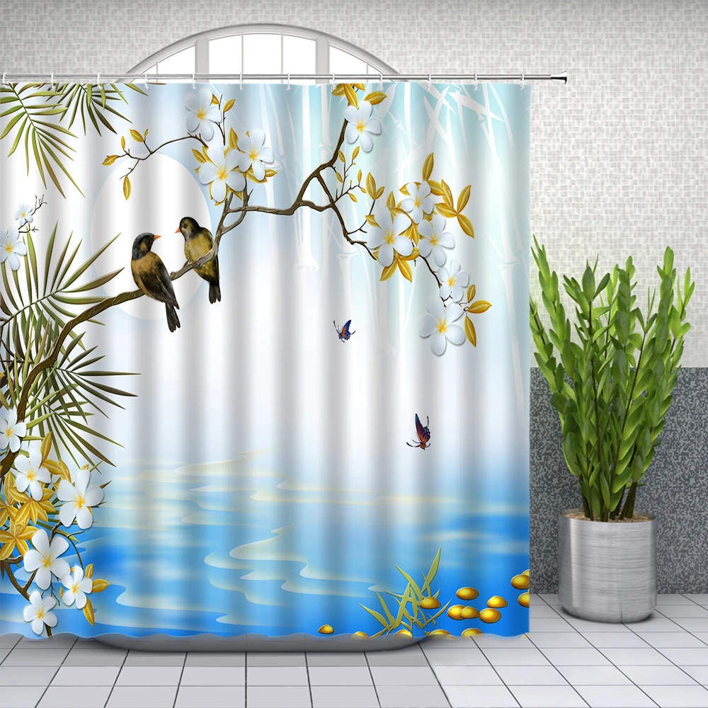 Landscape Shower Curtains Spring Flower Birds Butterfly Green leaf Full Moon Bathroom Decor Waterproof Cloth Curtain Set Cheap