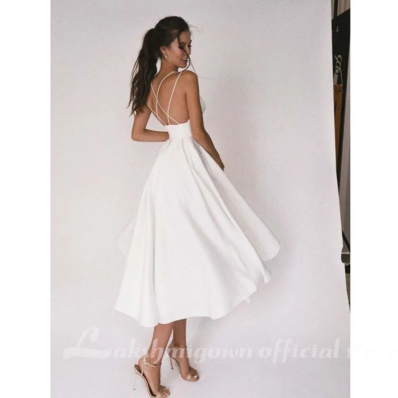 Strand Korte Trouwjurk Soft Satin Spaghetti Band Een Lijn Bruids Bruidsjurk Trouwjurk Vestidos De Nova Wedding Party Dress