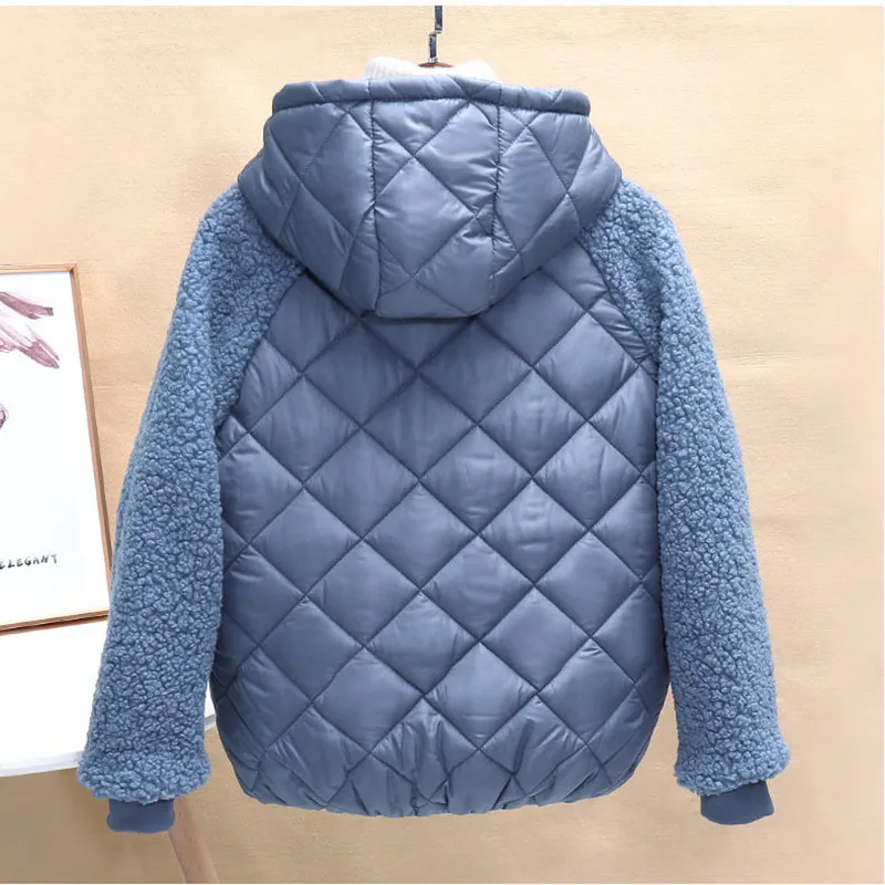 Thin light Down Cotton Jacket Female Short Coat Autumn Winter Women\'s 2024 New Hooded Loose Imitation lamb Wool Cotton Jacket C