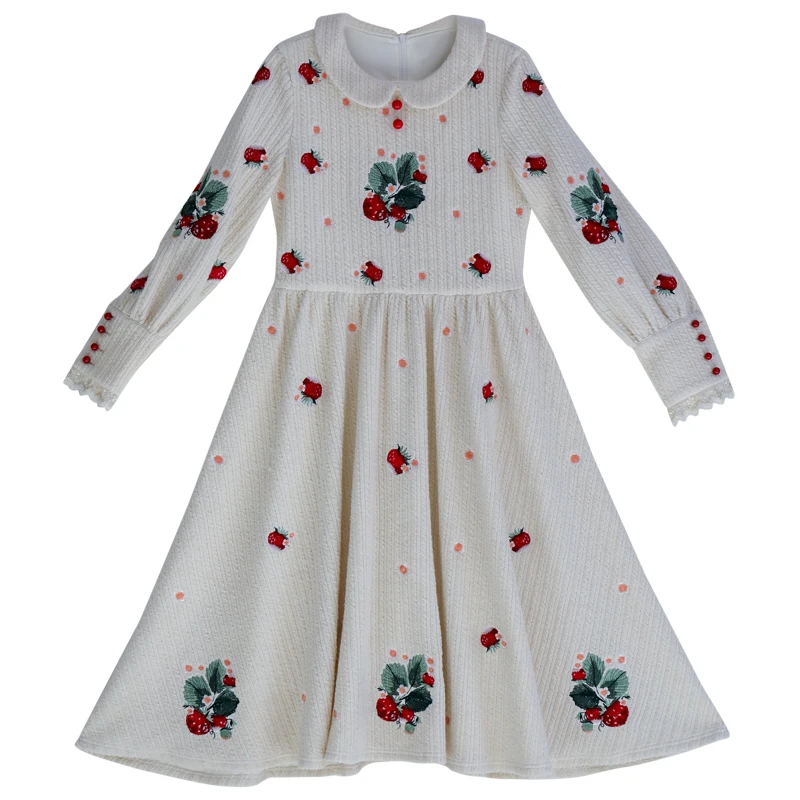 LYNETTE\'S CHINOISERIE Autumn Spring New Original Design Women Vintage French Strawberry Embroidery Knitted Cotton White Dresses