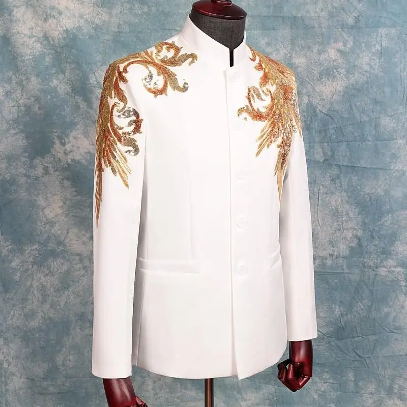 (Jacket+Pants) Chinese Style Men\'s Suits Sequins Embroidery Blazers Stand Collar Tuxedo Dress Singer Host Stage Costume 2 Pieces