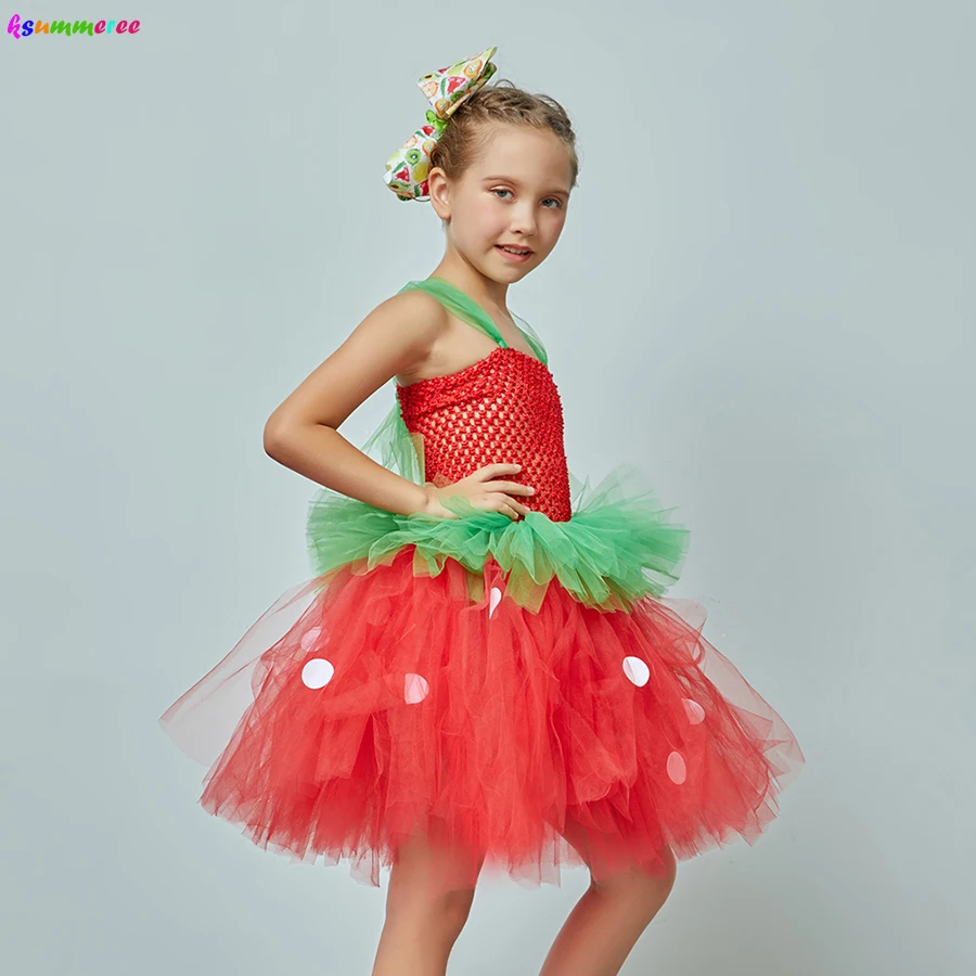 Strawberry Shortcake Cartoon Fancy Dress Up Halloween Costume Handmade Girls Tulle Tutu Dress Kids Birthday Party Pageant Dress