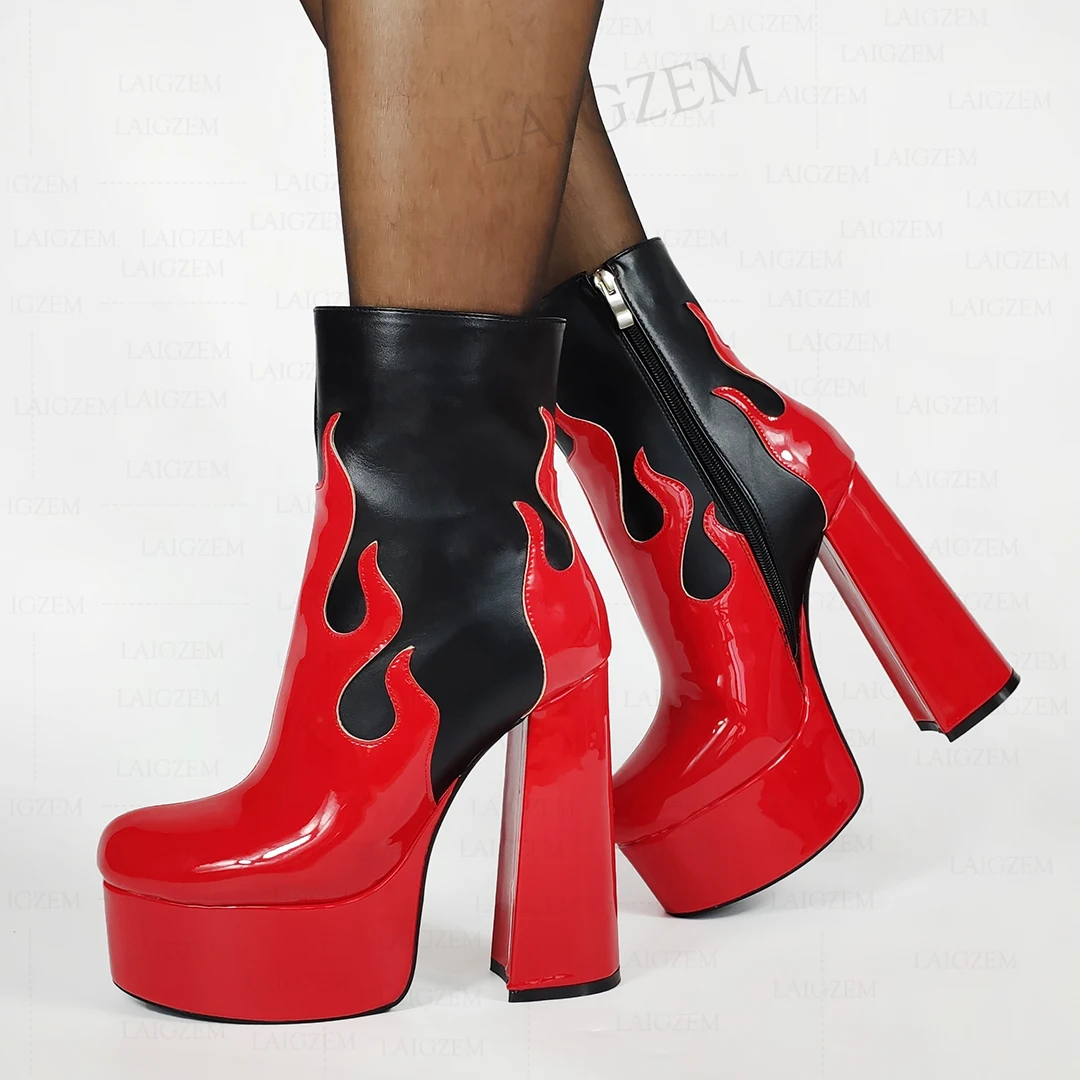 LAIGZEM Women Ankle Boots Patchwork Fire Thick High Heels Short Booties Height Increase Comfortable Shoes Woman Big Size 42 47