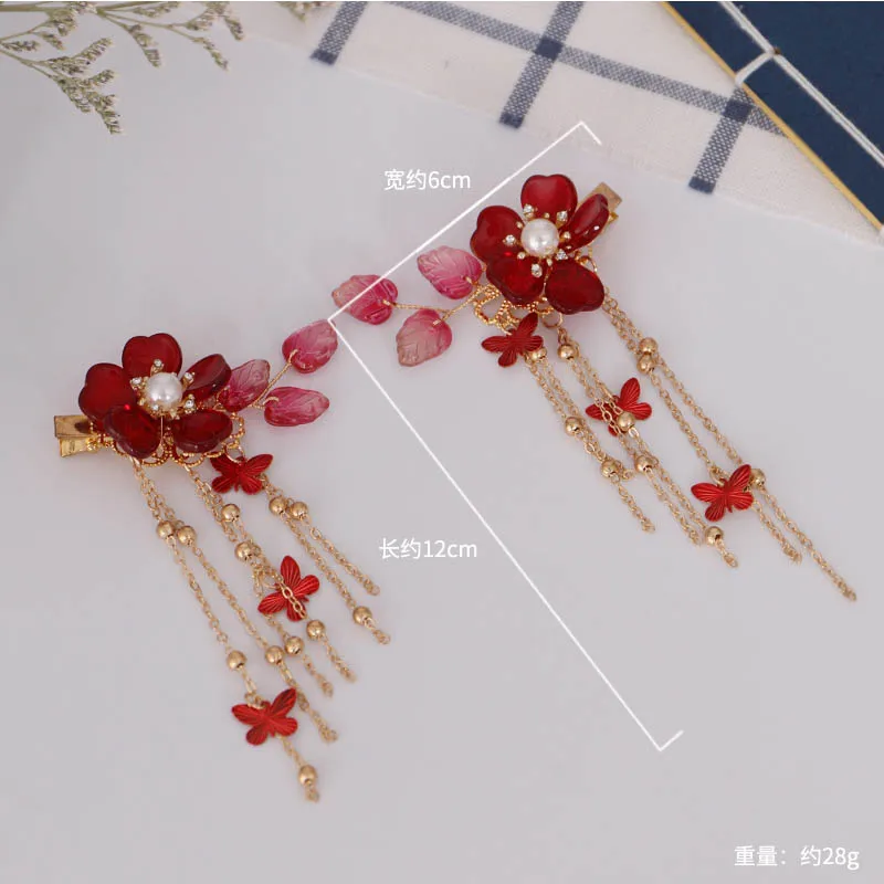 2PCS Retro Mädchen Haar Clips Mit Rote Blume Fee Schmetterling Quaste Haarnadel Chinesische Hanfu Haar Zubehör Vintage Party Kopfbedeckungen – Detail 2
