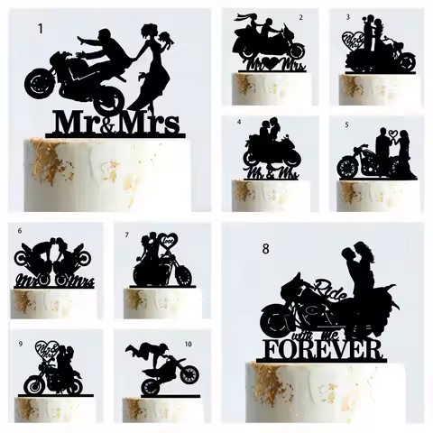 Motorcycle Funny Style Wedding Cake Topper Couple Birthday Acrylic Bride And Groom Mr Mrs Anniersary Engagement Decoration