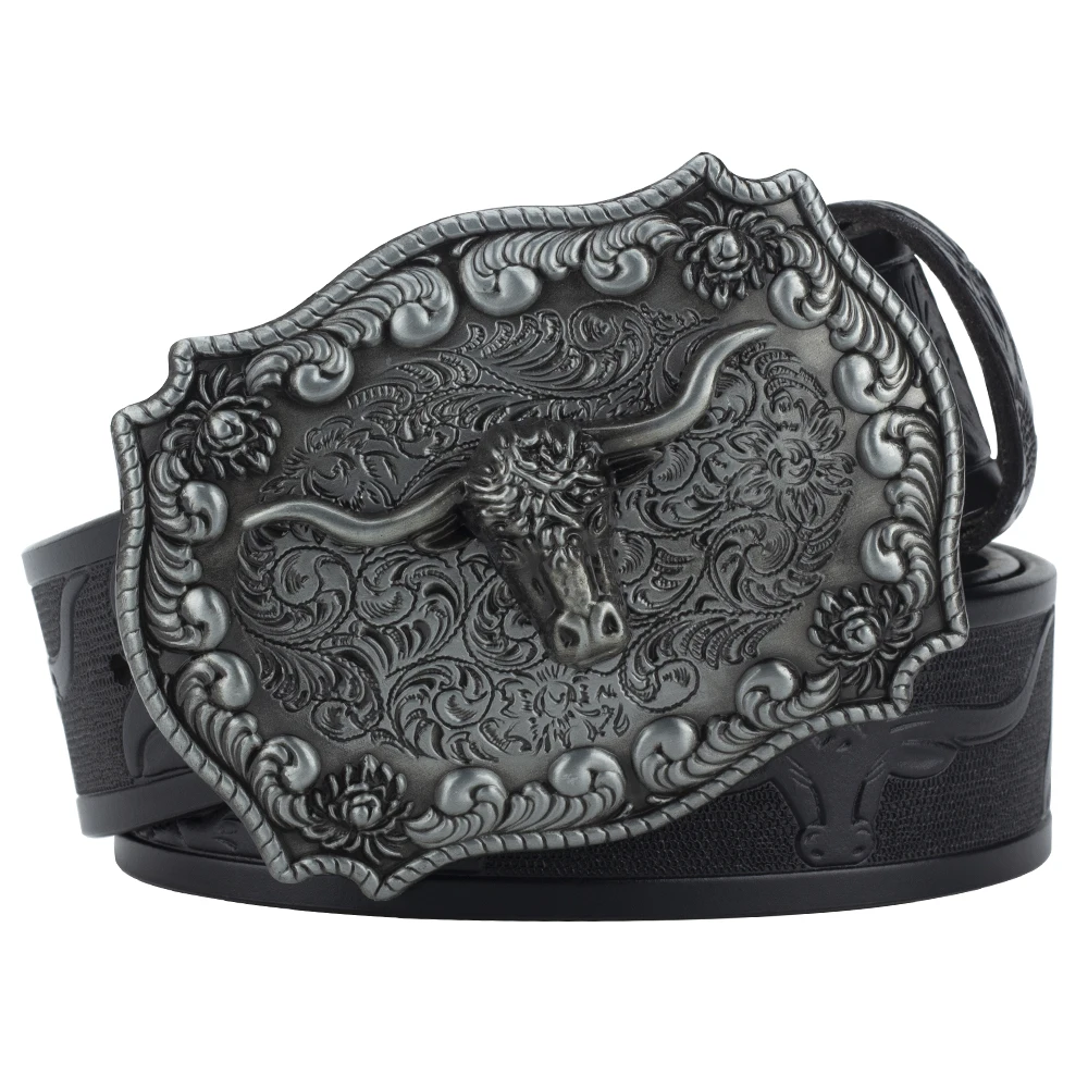 Ox Head Buckle Genuine Leather Embossing Belt Luxury for Men