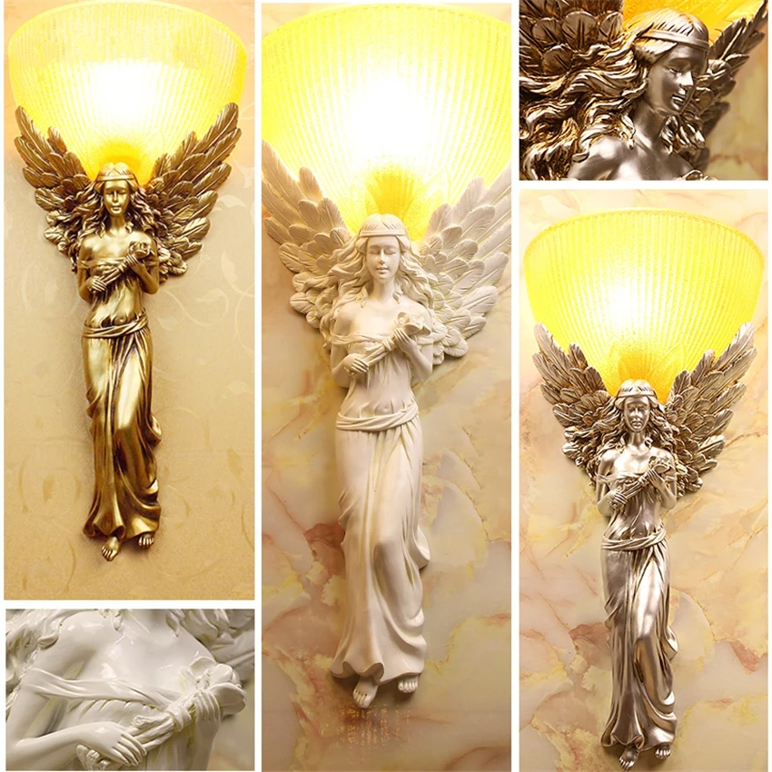 European Goddess Angel Wall Lamps Bedroom Vintage Living Room Sconces Wall Lights Hotel Staircase Resin Deco Lamps Lighting