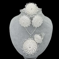 Silver Color Flower Ethiopian  Jewelry Set Dubai Pendant Earring Ring Hairpin Bangle Eritrean Africa Bridal Wedding Gift