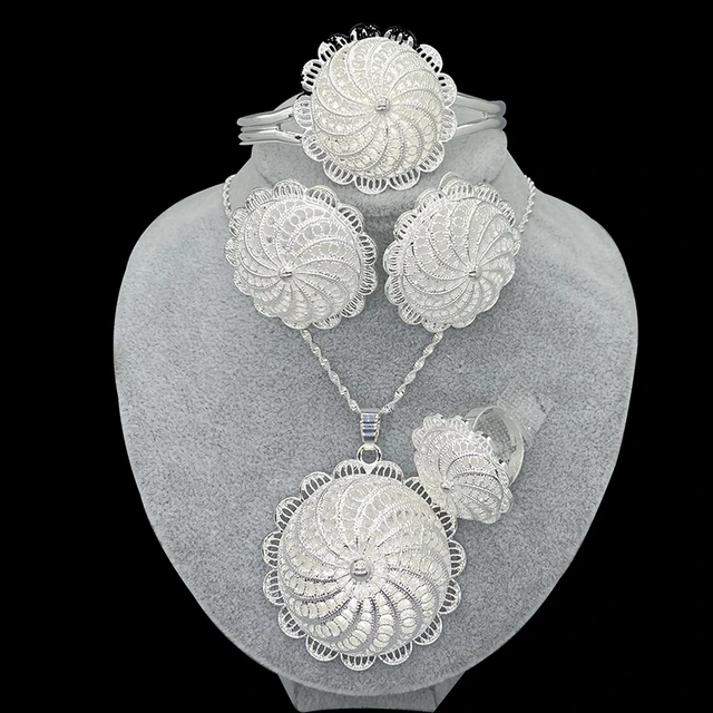 Silver Color Flower Ethiopian Jewelry Set Dubai Pendant Earring Ring Hairpin Bangle Eritrean Africa Bridal Wedding Gift Jewelry Sets AliExpress