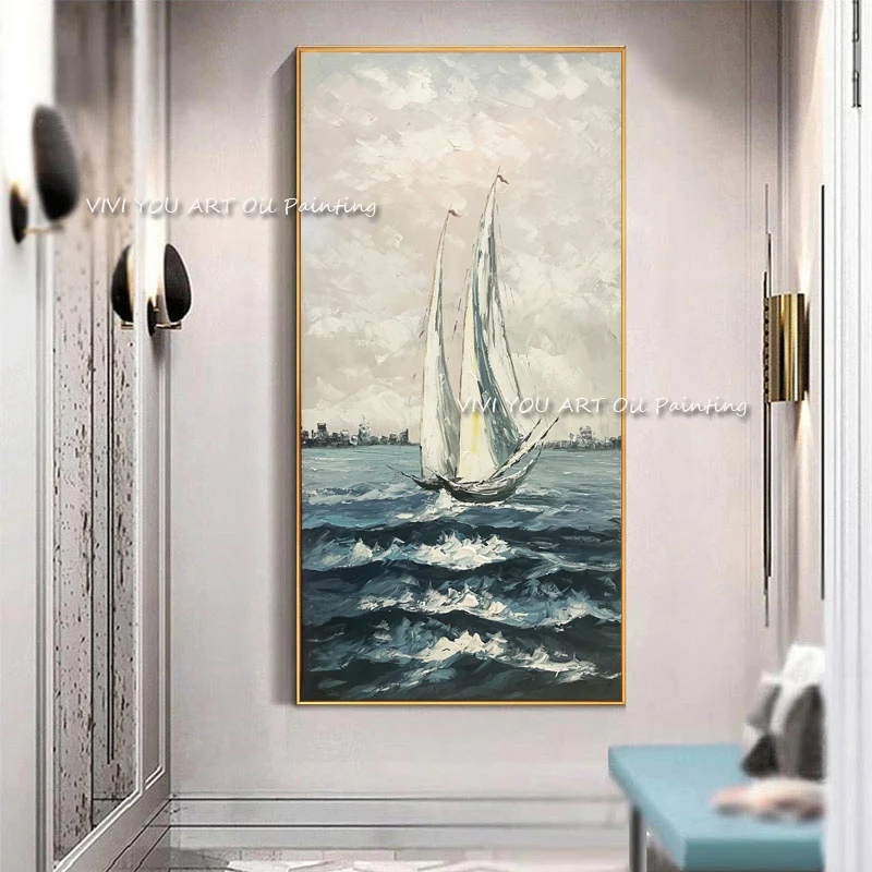 100% Hand painted sailboat on ocean oil painting knife thick canvas handmade large size modern artist home decoration wall art