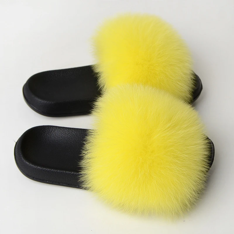 Summer women\'s real furry fox fur slippers fashion simple and elegant cute silver home interior protective fur slippers