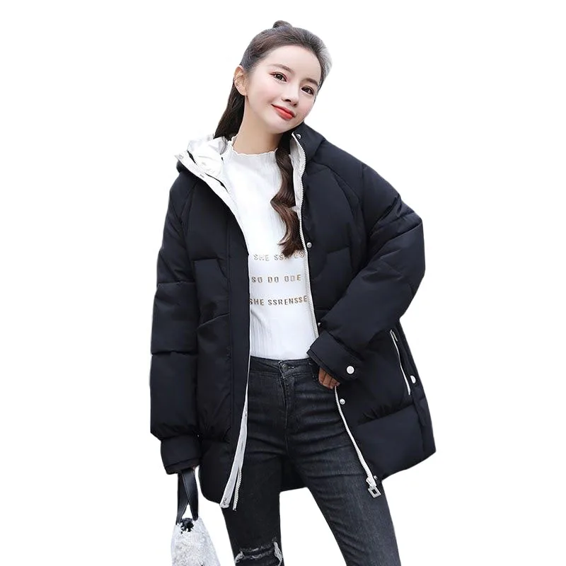 Korean 2023 Winter Jacket Women Hooded Khaki Black Female Down Coat Loose Oversized Womens Mid-length Parka Thick Warm Outerwear