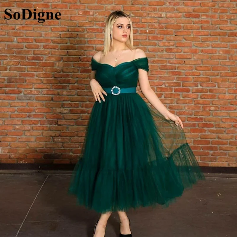 Sodigne tule verde vestido de baile fora do ombro com cinto feminino simples formal festa vestido de chá comprimento vestidos de noite