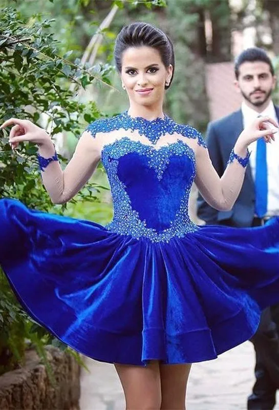 Nowoczesna aksamitna krótka suknia na bal maturalny Sheer z długim rękawem koronkowe aplikacje Royal Blue suknie wieczorowe na Homecoming Robe De Soiree