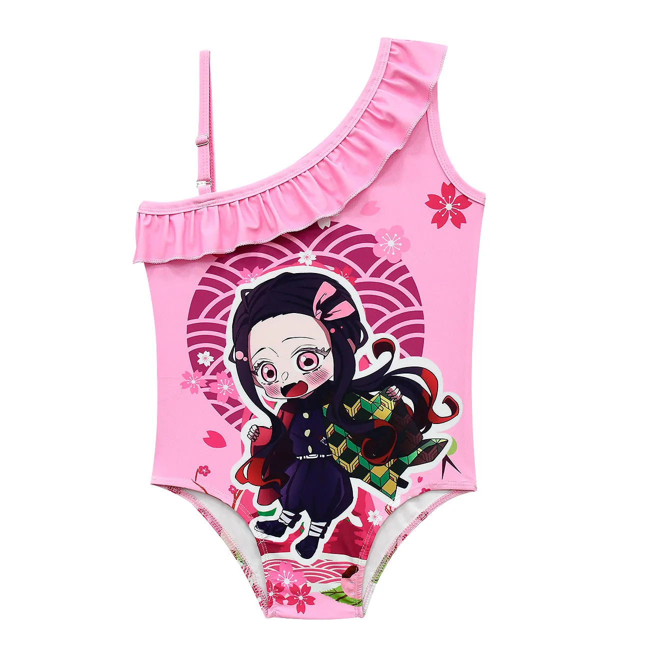 Anime Demon Slayer Baby Girl Swimisuit Kimetsu No Yaiba Kamado Nezuko Cosplay Oblique Shoulder Strap Swimsuit One-piece Clothes