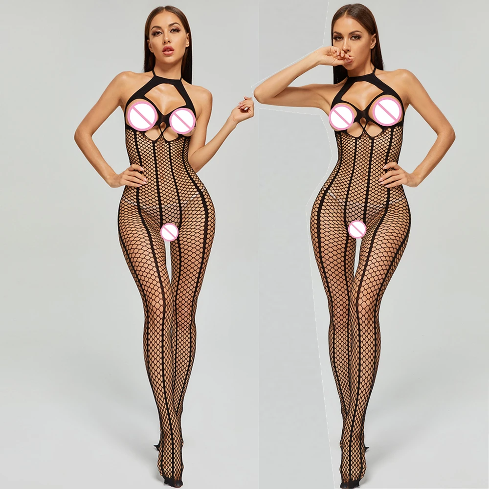 Nova sexy lingerie feminina erótica sexy mulher meias de corpo inteiro perspectiva tentação oco peito aberto malha teddy bodysuits