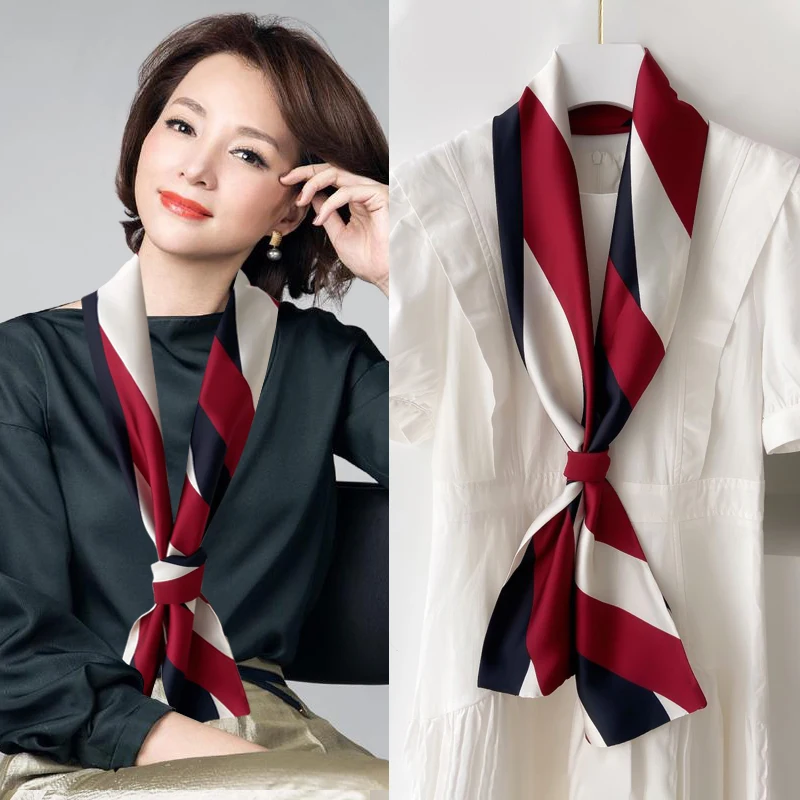 HOT Japanese Scarf Designer Narrow Small Long Imitation Silk Tie Women\'s Scarfs Double Sided Neck Silk Fashionable Hair Scarf